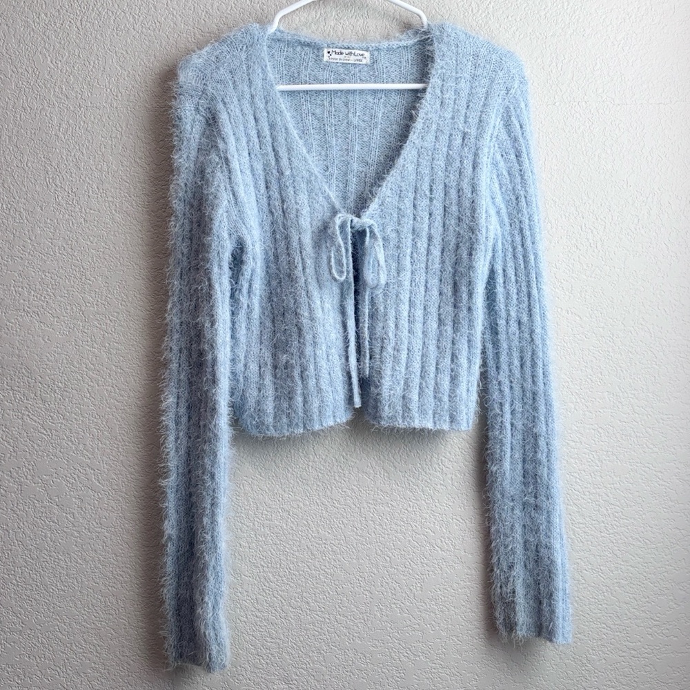 FCT Made With Love Cropped Light Blue Cardigan Tie Fuzzy Sweater Women’s Large